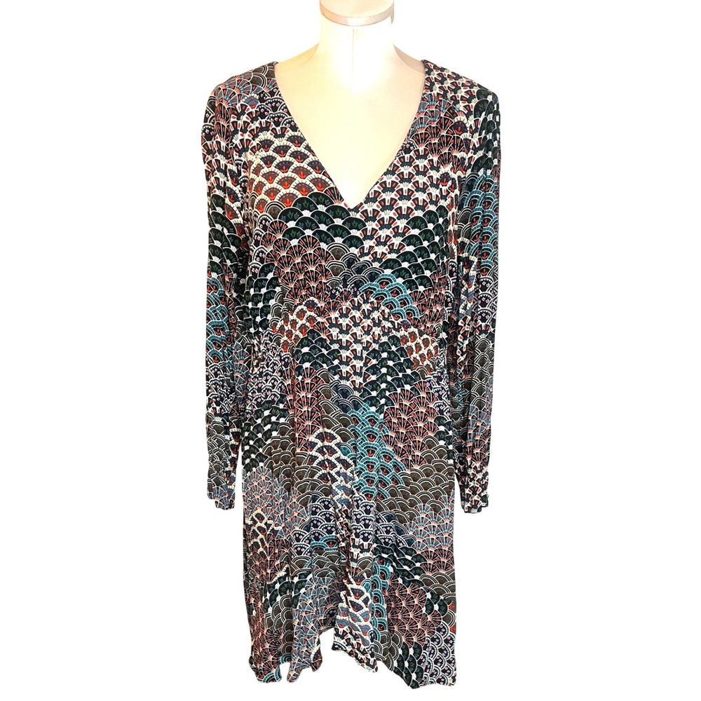 V-Neck Long Sleeve Patterned Women’s Dress - Multicolor